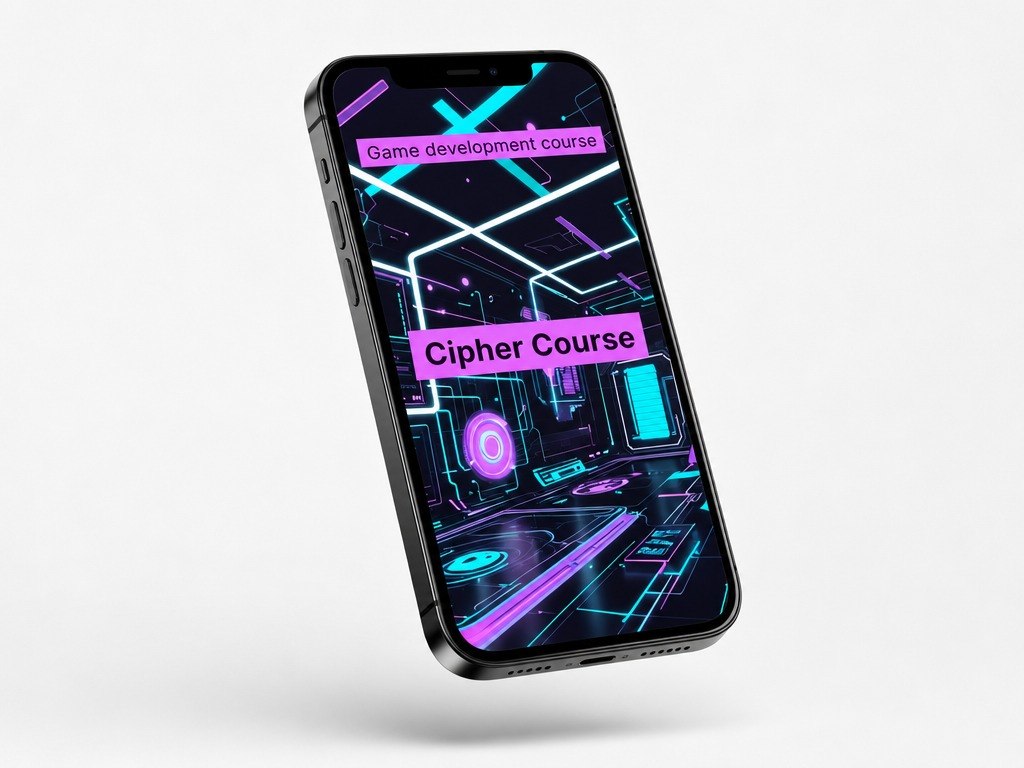 Phone with a game development course app on a white background