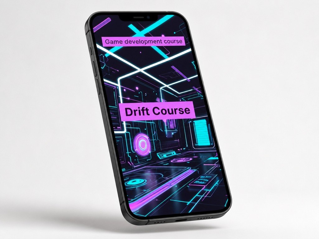Phone with a game development course app on a white background