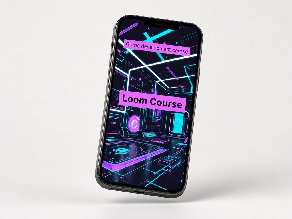 Phone displaying a game development course on a white background