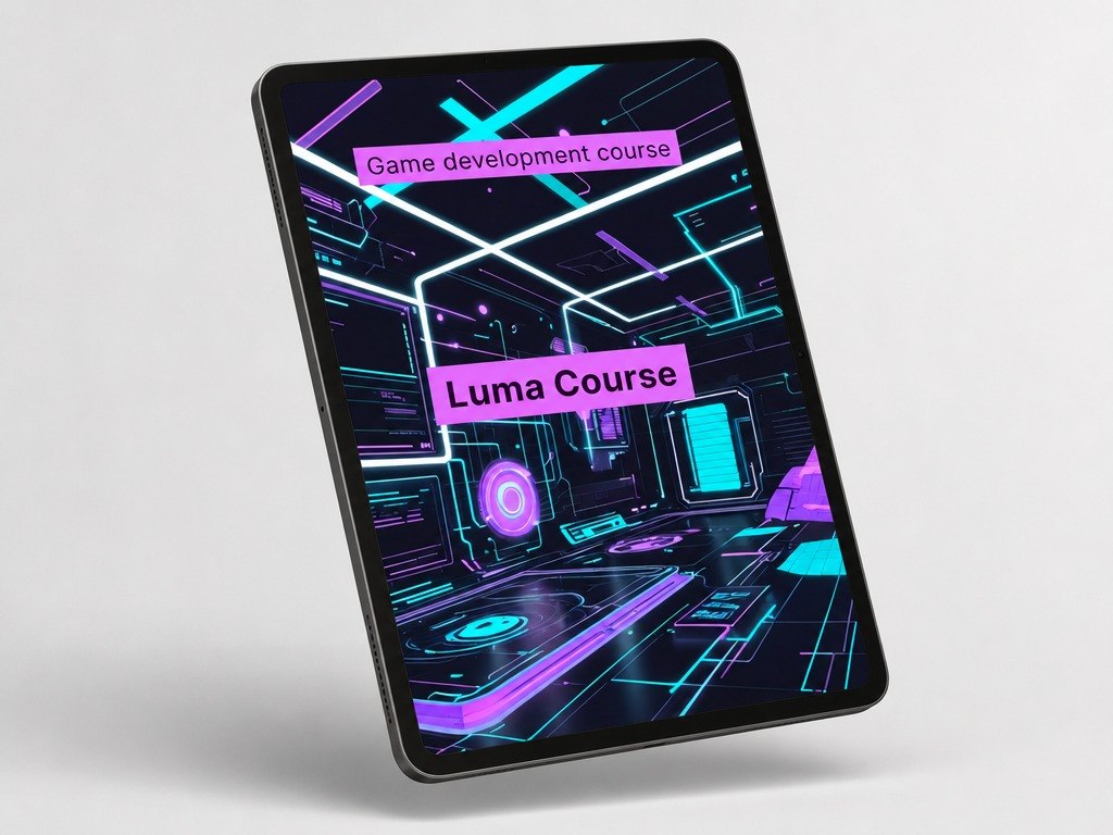 Tablet with game development course interface on a light gray background