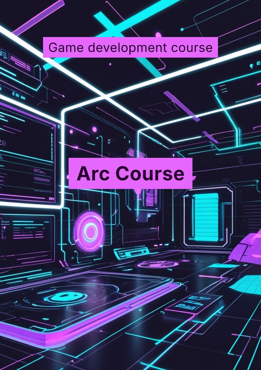 Game development course advertisement with futuristic interior design and neon lights.