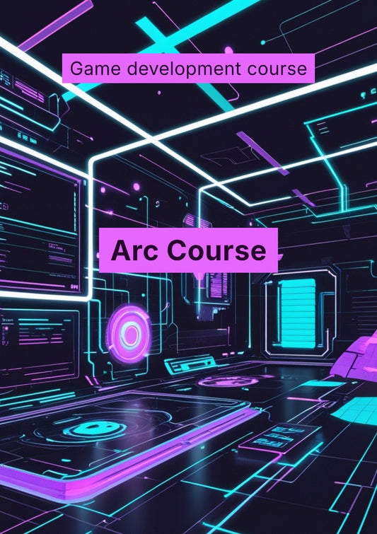 Game development course advertisement with futuristic interior design and neon lights.
