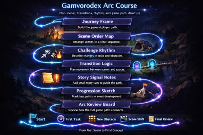 Game development course outline with steps and visual elements on a dark background