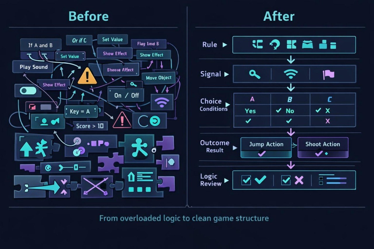 Before and after comparison of a game development interface with cleaner logic structure.