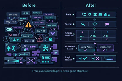 Before and after comparison of a game development interface with cleaner logic structure.