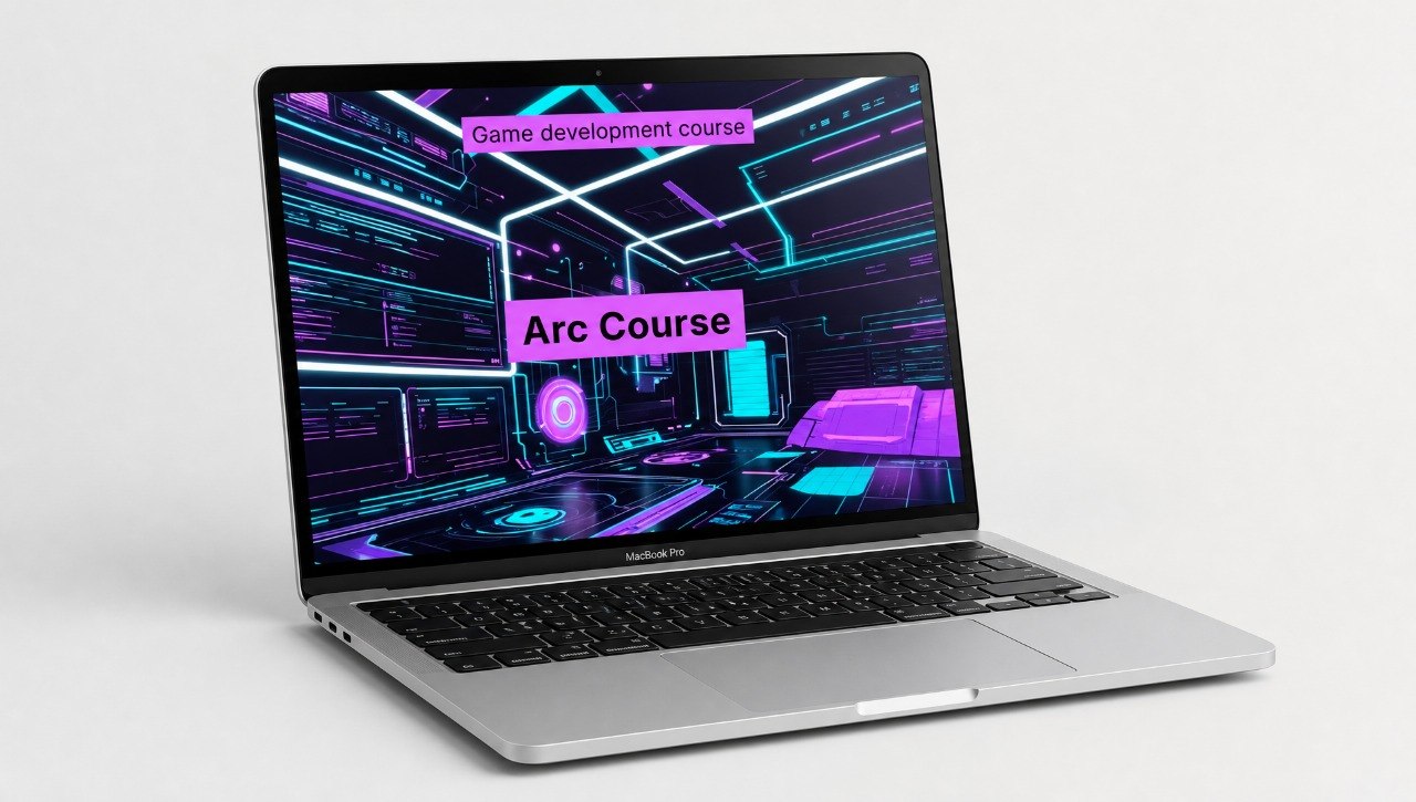 Laptop displaying a game development course on a white background