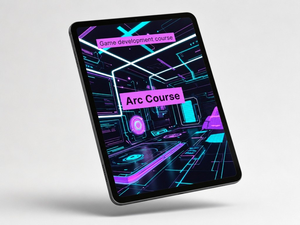 Tablet with a game development course interface on a white background