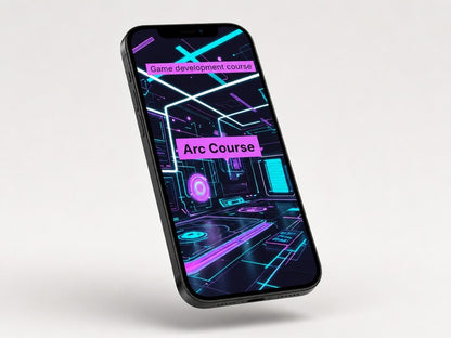 Phone with game development course app on a white background