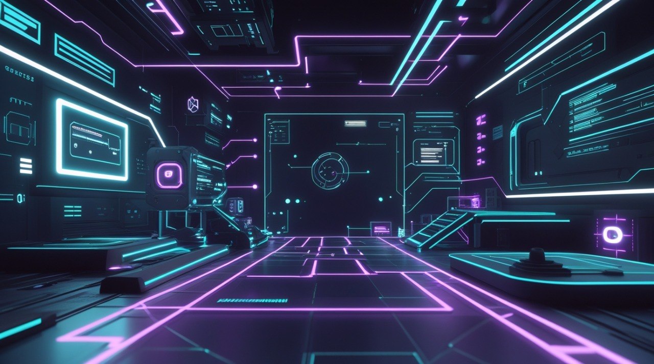 Futuristic interior with neon lights and digital displays
