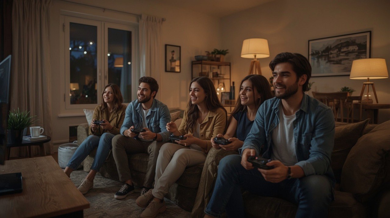 Group of friends playing video games together in a cozy living room.
