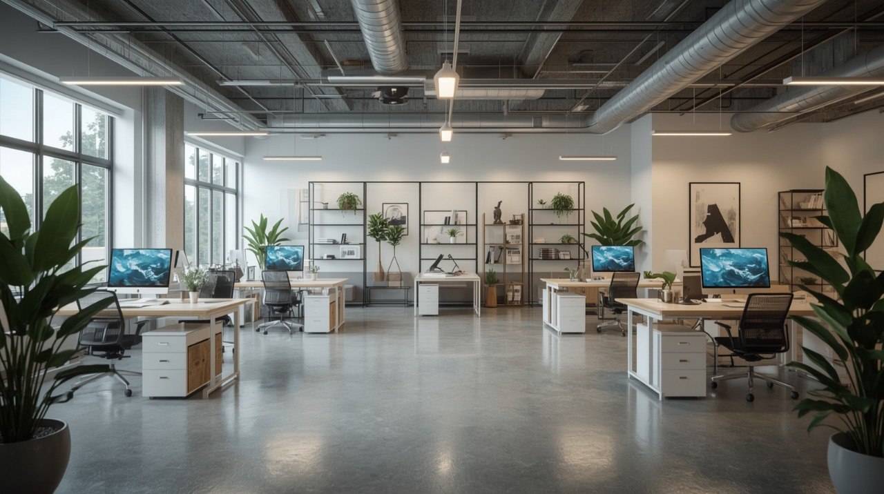 Modern office space with desks, chairs, and computer monitors.