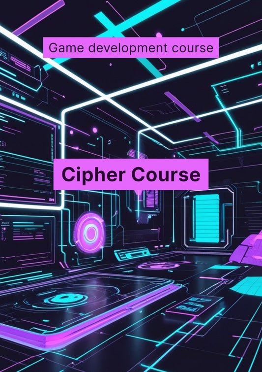 Game development course poster with futuristic interior design and neon lights.
