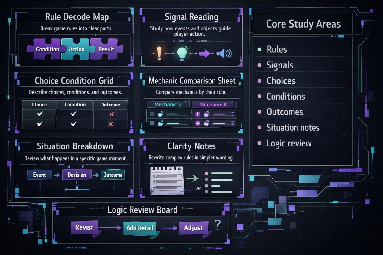 Game design tools and processes displayed on a digital interface with text and icons.