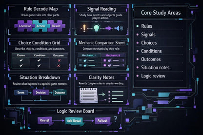 Game design tools and processes displayed on a digital interface with text and icons.
