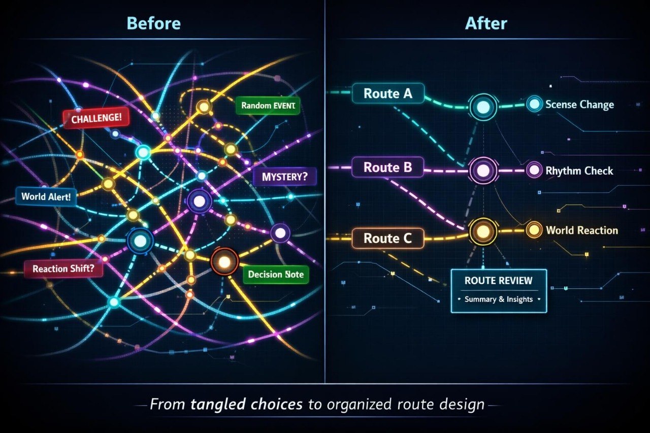 Comparison of tangled choices before and organized route design after on a dark background.