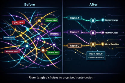Comparison of tangled choices before and organized route design after on a dark background.