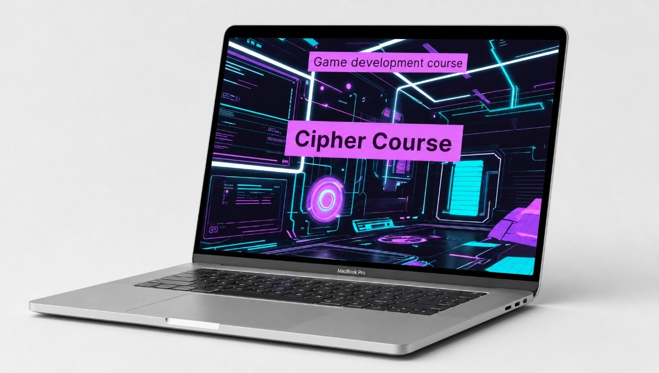 Laptop displaying a game development course with a futuristic interface on a white background