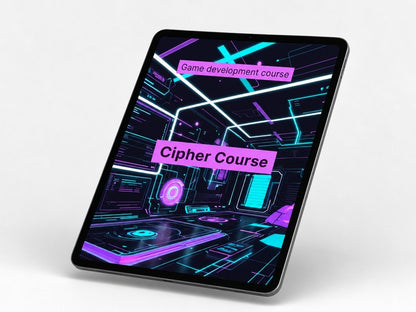 Tablet displaying a game development course with futuristic design on a white background