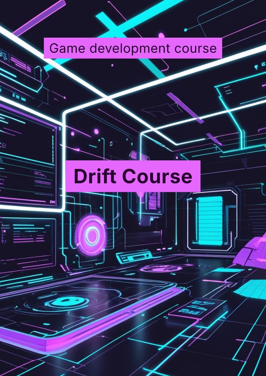 Game development course promotional graphic with futuristic interior design and neon colors.