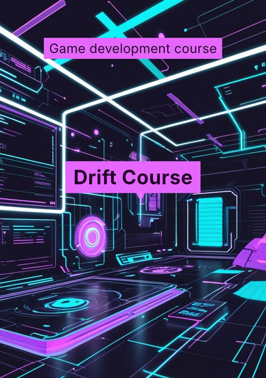 Game development course promotional graphic with futuristic interior design and neon colors.