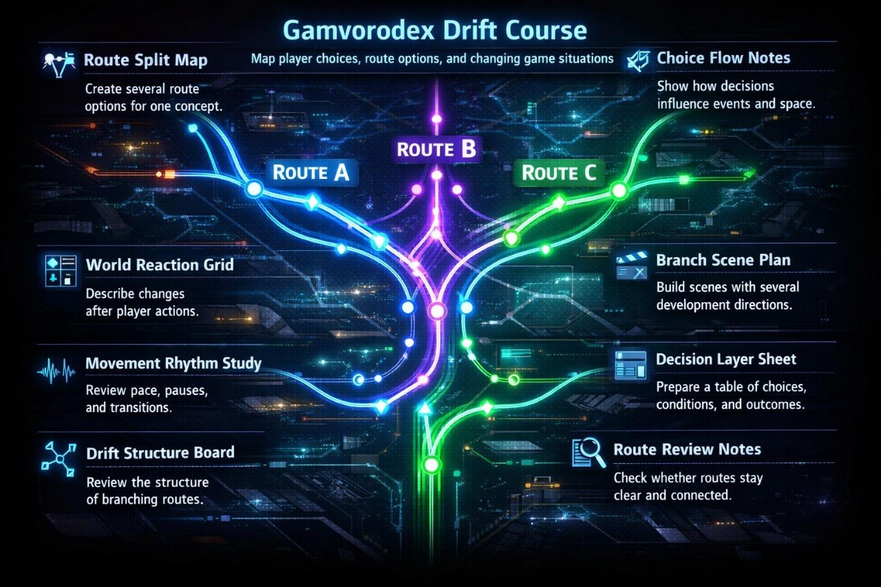 Diagram of a game design tool with routes and features labeled