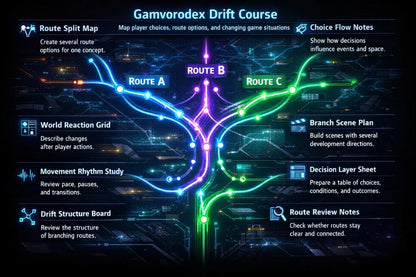 Diagram of a game design tool with routes and features labeled