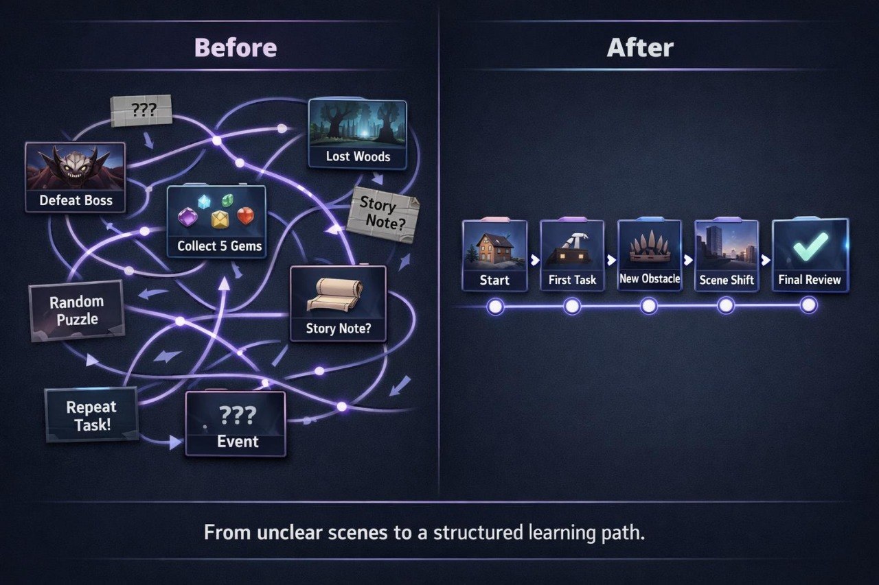 Comparison of a game's flowchart labeled 'Before' with a structured learning path labeled 'After' on a dark background.