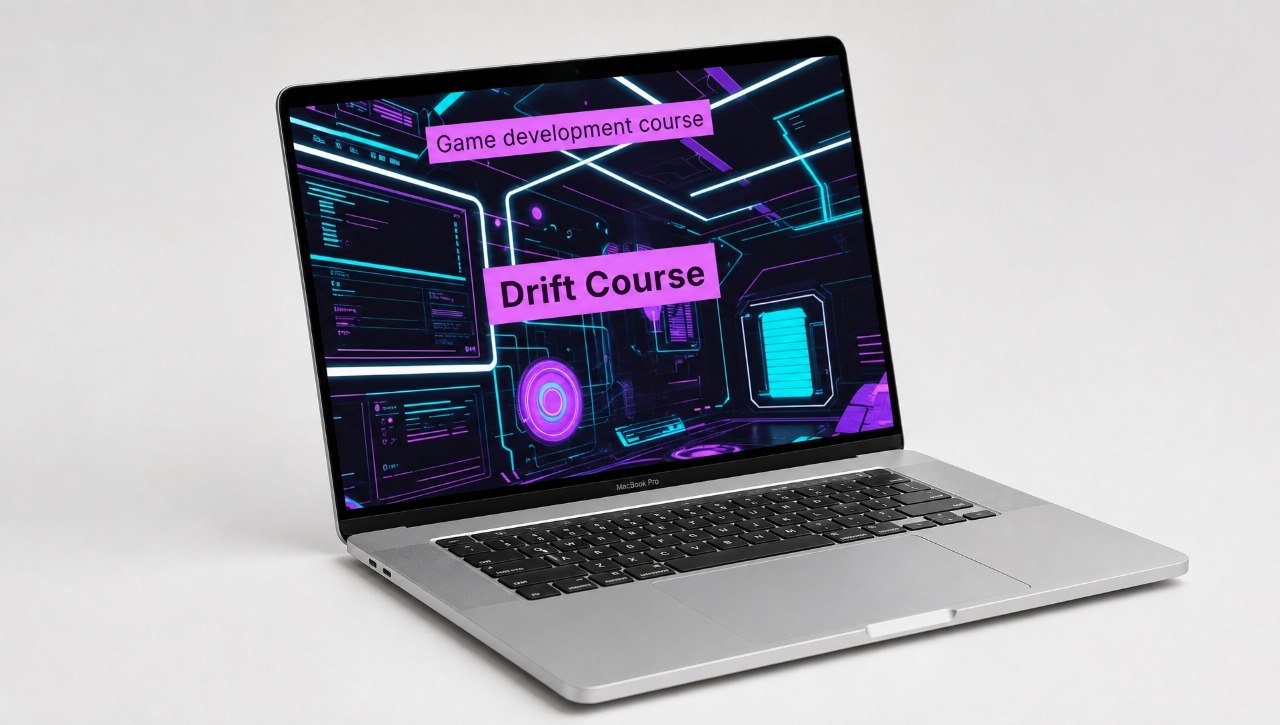 Laptop displaying a game development course with a futuristic interface on a light gray background