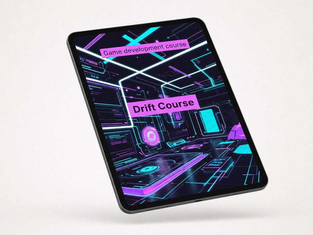Tablet with a game development course app on a white background