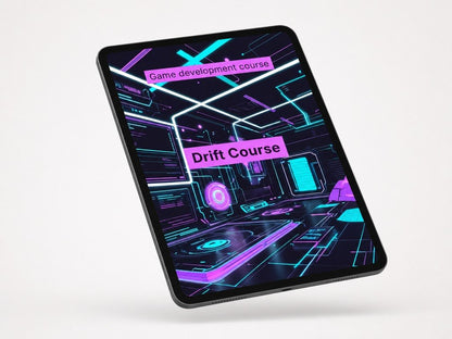 Tablet with a game development course app on a white background