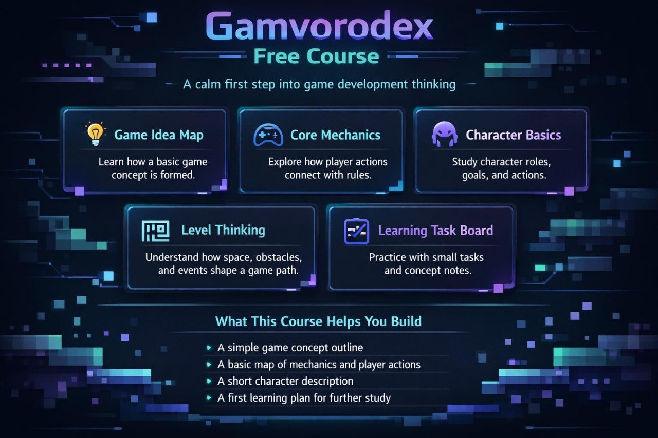 Promotional image for a free game development course by Gamvorodex with course modules displayed.