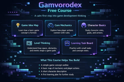 Promotional image for a free game development course by Gamvorodex with course modules displayed.