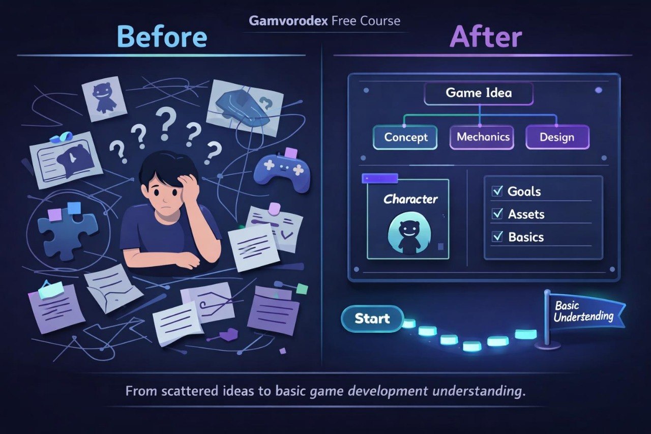Before and after comparison of a person with scattered ideas and a structured game development interface.
