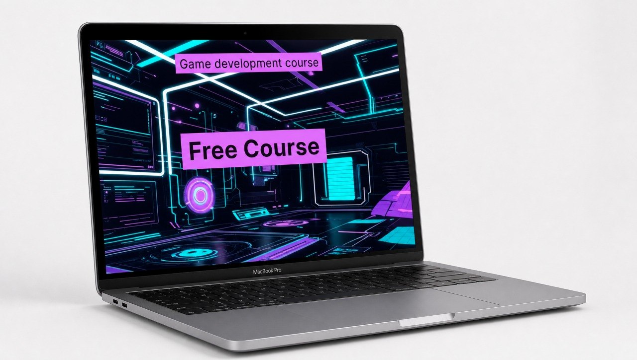 Laptop displaying a game development course with a free course announcement on a white background