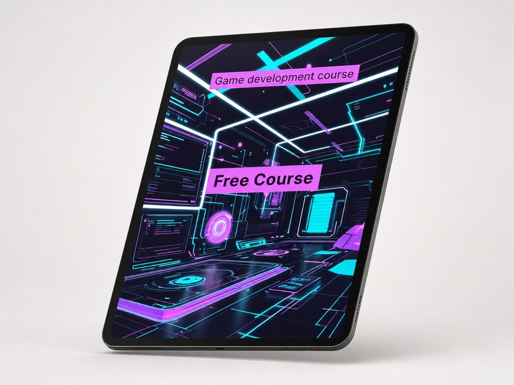 Tablet with a game development course advertisement on a white background