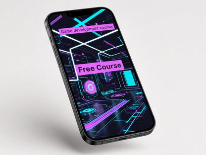 Phone with a game development course advertisement on a white background