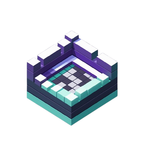 3D isometric block structure with purple, blue, and green colors on a white background