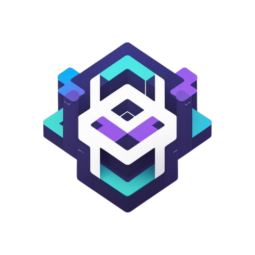 Geometric logo with a hexagonal design featuring purple and teal colors on a white background