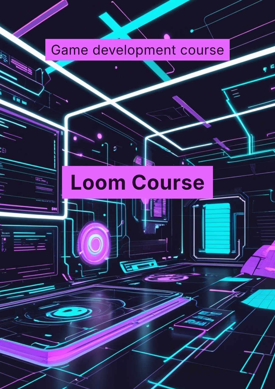 Game development course promotional image with futuristic interior design and neon colors.