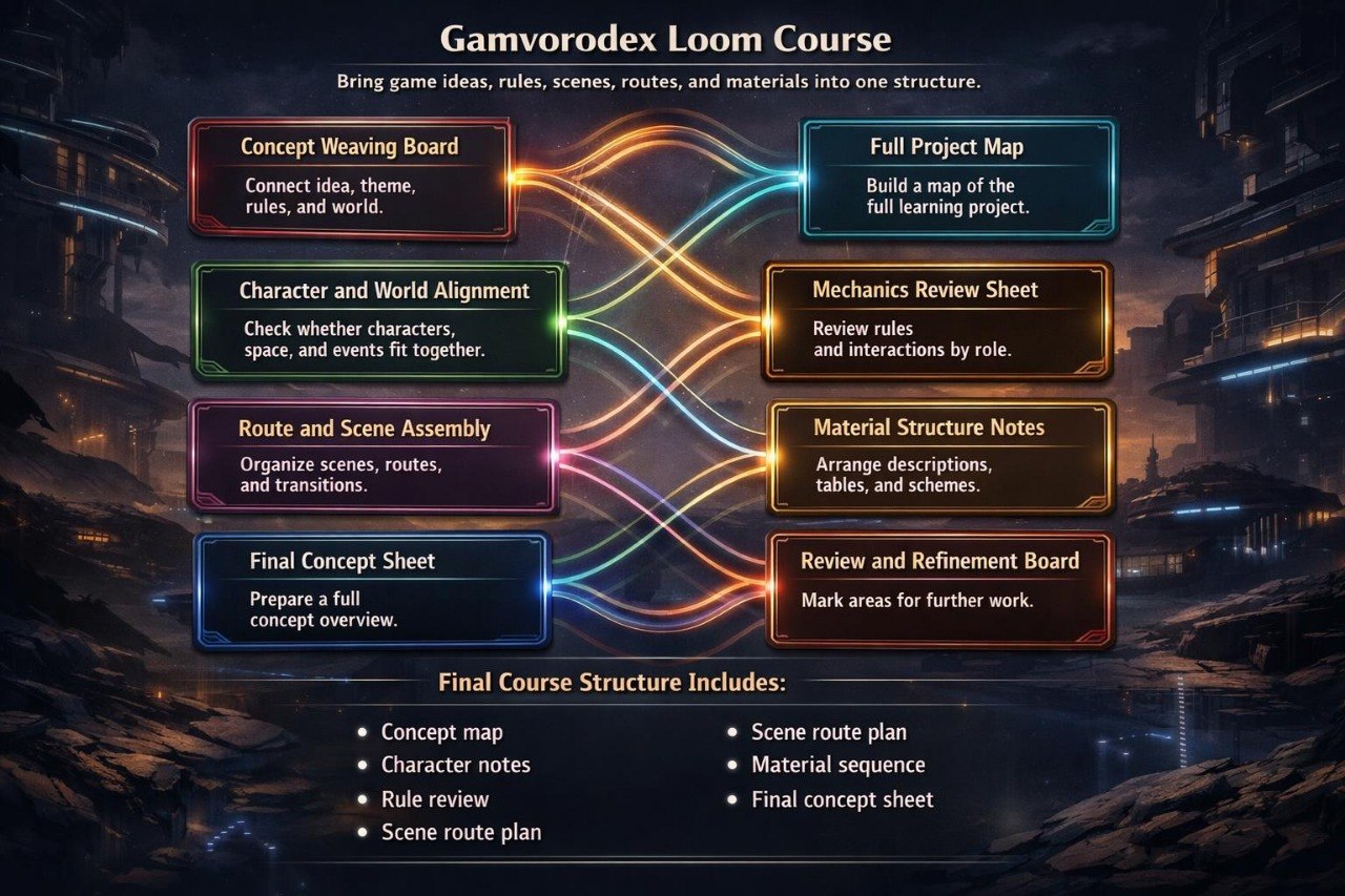 Diagram of a Gamvorodex Loom Course with steps and descriptions on a dark background.