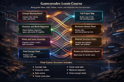 Diagram of a Gamvorodex Loom Course with steps and descriptions on a dark background.