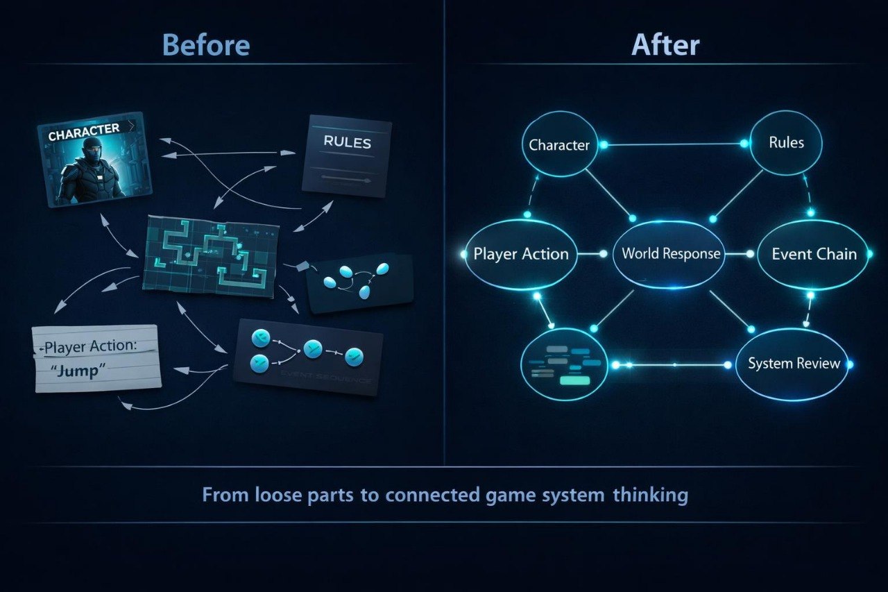 Diagram showing a before and after comparison of game system thinking.