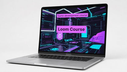 Laptop displaying a game development course on a white background
