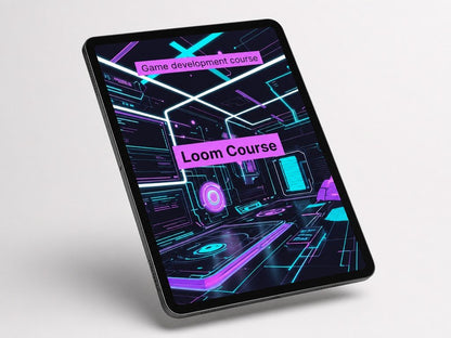 Tablet with a game development course interface on a light gray background