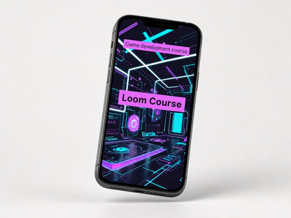 Phone displaying a game development course on a white background
