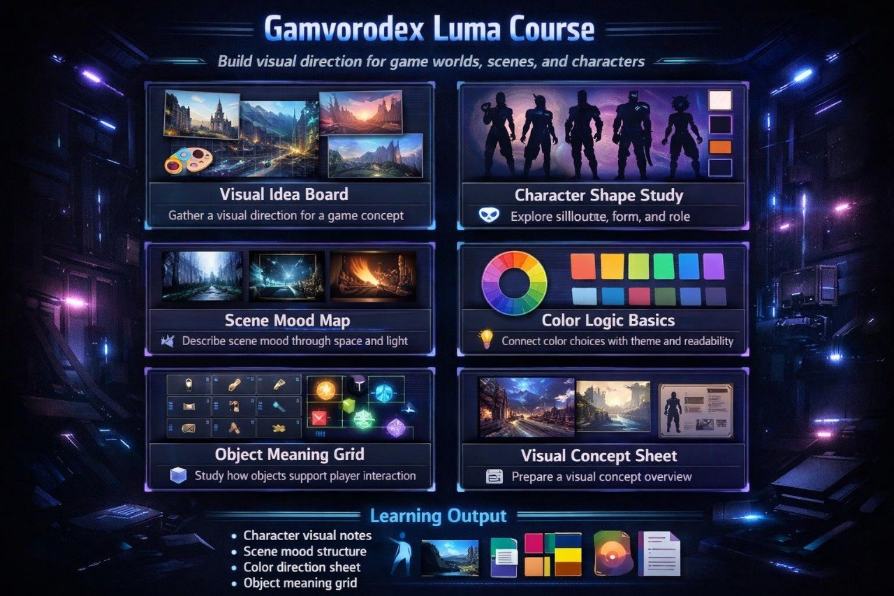Educational interface for a Gamvorodex Luma Course with various visual elements on a dark background.