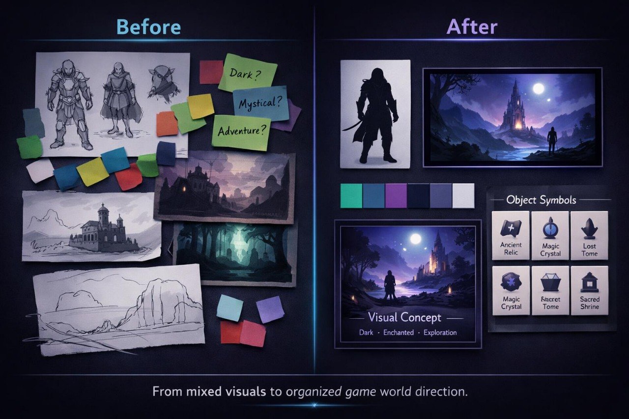 Before and after comparison of visual concept art for a game world, showing initial sketches and final design.