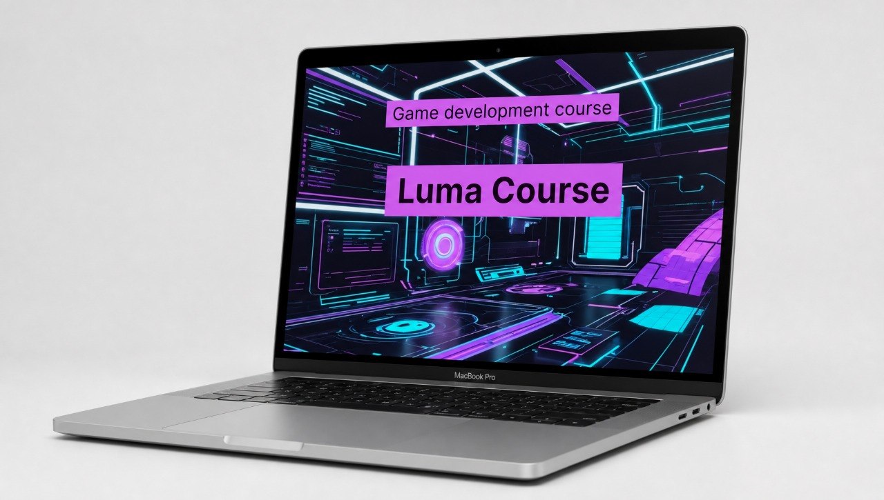Laptop with a game development course on the screen, featuring the 'Luma Course' brand.