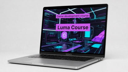 Laptop with a game development course on the screen, featuring the 'Luma Course' brand.