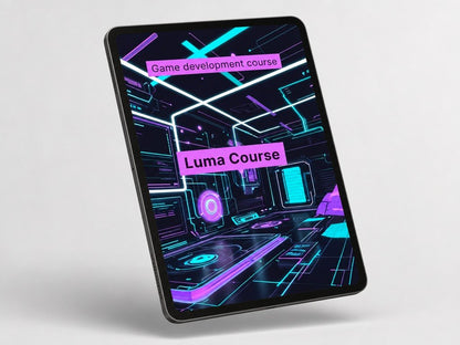Tablet with game development course interface on a light gray background